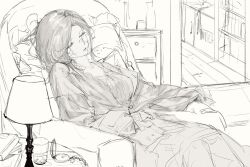 Rule 34 | 1girl, closed eyes, couch, dress, dreya (path to nowhere), glasses, greyscale, highres, lamp, medium hair, moaomao mo, monochrome, on couch, parted lips, path to nowhere, pillow, round eyewear, sketch, sleeping, solo, table, unfinished, wooden floor