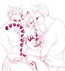 Rule 34 | 3boys, absurdres, animal ears, blush, cheese neko3, chest tattoo, donquixote doflamingo, dual persona, erection, facial hair, fangs, finger sucking, goatee, height difference, highres, leg tattoo, leopard boy, leopard ears, leopard tail, male pregnancy, multiple boys, nipple stimulation, nipple tweak, nipples, nude, one piece, pants, penis, pregnant, shirt, short hair, sitting, size difference, sunglasses, tail, tattoo, tongue, tongue out, trafalgar law, yaoi