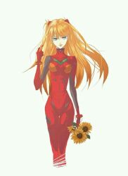 1girl bad_id bad_pixiv_id blue8760h blue_eyes bodysuit bouquet cropped_legs flower hand_in_own_hair holding holding_bouquet interface_headset lips long_hair mecha_pilot_suit neon_genesis_evangelion orange_hair plugsuit red_bodysuit simple_background solo souryuu_asuka_langley sunflower thigh_gap white_background