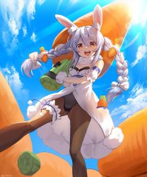 Rule 34 | 1girl, absurdres, akamoku, animal ear fluff, animal ears, bad id, bad pixiv id, black leotard, black pantyhose, blue hair, blue sky, bow, braid, breasts, bridal garter, carrot, carrot hair ornament, cleavage, cloud, commentary, day, dress, food-themed hair ornament, from below, hair bow, hair ornament, highres, hololive, leotard, leotard under clothes, looking at viewer, multicolored hair, open mouth, orange eyes, outdoors, oversized food, oversized object, pantyhose, rabbit ears, rabbit girl, round teeth, sky, small breasts, smile, solo, standing, streaked hair, sun, sunlight, symbol-shaped pupils, teeth, twin braids, twintails, two-tone hair, upper teeth only, usada pekora, virtual youtuber, white dress, white hair