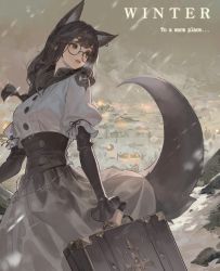 Rule 34 | 1girl, absurdres, animal ears, black dress, black hair, building, buttons, commentary, cowboy shot, dress, ear piercing, english commentary, english text, fox ears, fox girl, fox tail, highres, holding, holding suitcase, jung wonjo, lips, long hair, looking at viewer, original, piercing, snow, solo, suitcase, tail, town, two-tone dress, white dress