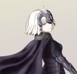 Rule 34 | 1girl, absurdres, amor, black cape, cape, fate/grand order, fate (series), grey background, highres, jeanne d&#039;arc (fate), jeanne d&#039;arc alter (avenger) (fate), jeanne d&#039;arc alter (fate), looking at viewer, looking back, parted lips, short hair, silver hair, simple background, smile, solo, upper body, yellow eyes