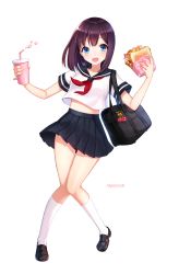 Rule 34 | 1girl, :d, ango, ankkoyom, artist name, bacon, bad id, bad pixiv id, bag, bag charm, bendy straw, black footwear, black skirt, blouse, blue eyes, blue sailor collar, blush, charm (object), cherry, crop top, crop top overhang, cup, drinking straw, food, fruit, full body, grin, highres, holding, holding cup, holding food, charm (object), kneehighs, lettuce, loafers, looking at viewer, midriff, neckerchief, open mouth, original, pleated skirt, purple hair, red neckerchief, sailor collar, sandwich, school bag, school uniform, serafuku, shirt, shoes, short sleeves, shoulder bag, sidelocks, simple background, skirt, smile, socks, solo, standing, tomato, uniform, white background, white shirt, white socks