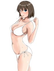 Rule 34 | 1girl, arched back, bad id, bad pixiv id, bikini, blue eyes, blush, breasts, brown eyes, brown hair, cleavage, cowboy shot, dosaken, flying sweatdrops, from side, hair ornament, kantai collection, looking at viewer, looking to the side, maya (kancolle), medium breasts, navel, open mouth, pulling own clothes, ribbon, short hair, side-tie bikini bottom, simple background, solo, standing, stomach, strap pull, sweat, swimsuit, thighs, undressing, white background, white ribbon, x hair ornament