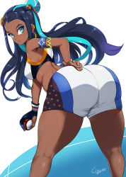 Rule 34 | amano cigusa, armlet, ass, bare shoulders, bent over, black hair, blue eyes, blue hair, breasts, commentary request, creatures (company), dark-skinned female, dark skin, earrings, game freak, gloves, gym leader, hand on own ass, hoop earrings, jewelry, kneepits, looking at viewer, looking back, multicolored hair, nessa (pokemon), nintendo, parted lips, poke ball, poke ball (basic), pokemon, pokemon swsh, short shorts, shorts, signature, simple background, solo, thick thighs, thighs, white background