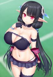 Rule 34 | 1girl, anette (pso2), arm strap, asamura hiori, back bow, bare shoulders, bikini, bikini under clothes, black choker, black hair, black skirt, blunt bangs, blush, bow, braid, breasts, bridal garter, choker, cleavage, cleavage cutout, closed mouth, clothing cutout, collarbone, cowboy shot, elf, french braid, frills, green background, hand on own chest, headgear, highres, large breasts, long hair, low twintails, miniskirt, navel, phantasy star, phantasy star online 2, pink eyes, pleated skirt, pointy ears, purple bow, skirt, solo, stomach, strapless, strapless bikini, swimsuit, twintails, very long hair, wristband