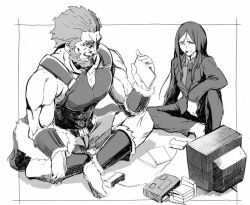 Rule 34 | 2boys, arm guards, bare shoulders, beard, controller, facial hair, fate/grand order, fate/stay night, fate/zero, fate (series), game cartridge, greyscale, happy, iskandar (fate), long hair, long sleeves, looking at another, lord el-melloi ii, monochrome, multiple boys, muscular, aged up, short hair, simple background, sitting, spiked hair, syatey, talking, television, waver velvet