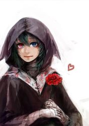 Rule 34 | 10s, 1girl, bandages, eto (tokyo ghoul), flower, green hair, heart, heterochromia, holding, hood, looking at viewer, red eyes, red rose, rose, smile, solo, straw like, tokyo ghoul, white background