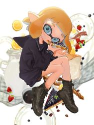 Rule 34 | 1girl, bacon, blue eyes, blueberry, boots, bread, bread slice, breakfast, coffee, coffee beans, cup, egg, female focus, food, fruit, highres, holding, holding food, hood, hoodie, inkling player character, looking at viewer, milk, nintendo, orange (fruit), orange slice, pitcher (container), plate, pointy ears, sailor collar, solo, splatoon (series), strawberry, tentacle hair, toast, ume (plumblossom)