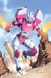 Rule 34 | 1girl, alex milne, arcee, autobot, city, collaboration, commentary, dual wielding, dust, dyemooch, energy sword, english commentary, holding, holding sword, holding weapon, mecha, no humans, robot, running, science fiction, smile, solo, sword, transformers, weapon