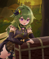 Rule 34 | 1girl, absurdres, akuame (ring3922), black dress, black feathers, black sleeves, brown thighhighs, cape, collei (genshin impact), cropped legs, detached sleeves, dot nose, dress, feathers, forest, gem, genshin impact, gloves, gold trim, green cape, green gemstone, green hair, hair between eyes, hair ornament, hair stick, half gloves, highres, holding, legs together, light blush, looking at object, mushroom, nature, on floor, patterned clothing, solo, sparkling eyes, thighhighs, treasure chest
