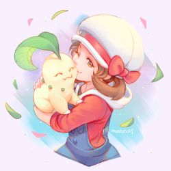 Rule 34 | 1girl, black shirt, blue overalls, brown eyes, brown hair, cheek squash, chikorita, closed mouth, commentary, creatures (company), eyelashes, game freak, gen 2 pokemon, hat, hat ribbon, highres, holding, holding pokemon, leaf, lyra (pokemon), mootecky, nintendo, overalls, pokemon, pokemon (creature), pokemon hgss, red ribbon, red shirt, ribbon, shirt, signature, sleeves past elbows, smile, symbol-only commentary, twintails, white headwear
