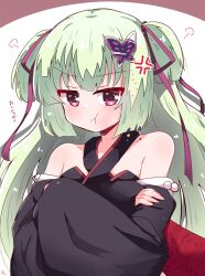 Rule 34 | 1girl, :t, absurdres, anger vein, angry, bare shoulders, black dress, black sleeves, blunt bangs, blush, breasts, butterfly hair ornament, commentary request, crossed arms, detached sleeves, dress, green hair, hair ornament, hair ribbon, hakutocake, highres, hime cut, long hair, looking at viewer, murasame (senren), pout, purple ribbon, red eyes, ribbon, senren banka, sidelocks, simple background, small breasts, solo, translated, two side up, upper body, v-shaped eyebrows, very long hair, white background, wide sleeves