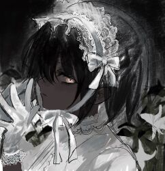 1girl akai_ringo_(eveyuno) black_background closed_mouth dark-skinned_female dark_skin dress flower gloves hands_up highres looking_at_viewer original painterly pink_eyes solo upper_body white_dress white_flower white_gloves white_headdress