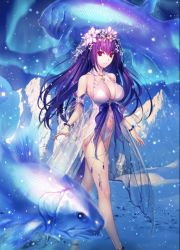 Rule 34 | 1girl, anklet, aurora, bare legs, bikini, bracelet, breasts, fate/grand order, fate (series), fish, flower, hair ornament, highres, jewelry, koyama hirokazu, large breasts, long hair, looking at viewer, navel, necklace, non-web source, official art, purple hair, red eyes, scathach (fate), scathach skadi (fate), scathach skadi (swimsuit ruler) (fate), scathach skadi (swimsuit ruler) (third ascension) (fate), smile, swimsuit, thighs, white bikini