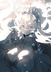 Rule 34 | 1girl, alternate breast size, armor, blush, breasts, cape, cleavage, corrin (female) (fire emblem), corrin (female) (silent bloodline) (fire emblem), corrin (fire emblem), crown, fire emblem, fire emblem fates, fire emblem heroes, frills, hair between eyes, hair ornament, hairband, highres, large breasts, long hair, looking at viewer, negiwo, nintendo, official alternate costume, pointy ears, red eyes, shoulder armor, solo, white hair