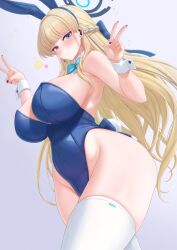 Rule 34 | 1girl, animal ears, bare shoulders, blonde hair, blue archive, blue eyes, blue leotard, blush, breasts, cleavage, cream cod, detached collar, double v, earpiece, fake animal ears, hair ribbon, highleg, highleg leotard, highres, large breasts, leotard, long hair, official alternate costume, playboy bunny, rabbit ears, ribbon, solo, strapless, strapless leotard, toki (blue archive), toki (bunny) (blue archive), v, wrist cuffs