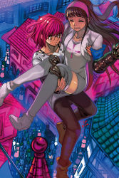 Rule 34 | 10s, 1boy, 1girl, androgynous, black hair, boots, carrying, closed eyes, cropped jacket, fang, floating, from above, gauntlets, glasses, gowther, grey footwear, grey thighhighs, guila, hairband, highres, knee pads, long hair, nanatsu no taizai, open mouth, pink hair, princess carry, short hair, thigh boots, thighhighs, town, w9, yellow eyes