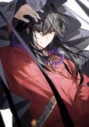 Rule 34 | 1boy, artist name, black hair, blurry, brown eyes, choker, hair between eyes, inuyasha, inuyasha (character), japanese clothes, jewelry, long hair, looking at viewer, male focus, necklace, sheath, sheathed, smile, sukja, sword, weapon, wind