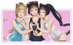 Rule 34 | 3girls, animal ears, black hair, black legwear, blue one-piece swimsuit, brown hair, cat ears, cat tail, commission, elin, heart, heart hands, heart hands trio, heart in heart hands, highres, leaning forward, lips, long hair, mavoly, multiple girls, one-piece swimsuit, pink background, ponytail, school swimsuit, simple background, smile, swimsuit, tail, tera online, thighhighs, v, whiskers, white one-piece swimsuit, white school swimsuit