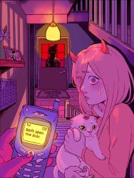 Rule 34 | + +, 1girl, animal, animated, animated gif, basstual, cat, cellphone, chainsaw man, cross-shaped pupils, denji (chainsaw man), doormat, english text, flickering, flip phone, green nails, hair over one eye, hanging light, hayakawa aki, highres, holding, holding animal, horns, horror (theme), long hair, long sleeves, looking at viewer, meowy (chainsaw man), nail polish, parted lips, phone, photo (object), pink hair, pink shirt, pov, pov hands, power (chainsaw man), purple theme, red eyes, shadow, shirt, signature, silhouette, stairs, sweat, sweatdrop, symbol-shaped pupils, trembling, vase