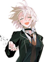 Rule 34 | 1girl, black choker, black jacket, blush, choker, closed eyes, earrings, fate/grand order, fate (series), floating hair, grey hair, jacket, jeanne d&#039;arc alter (fate), jewelry, long sleeves, necktie, official alternate costume, open mouth, reaching, reaching towards viewer, red necktie, school uniform, short hair, simple background, smile, solo, ss un17, uniform, white background