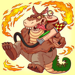 Rule 34 | 1boy, brown pants, crash bandicoot (series), dated, dingodile, flamethrower, furry, furry male, highres, holding, holding weapon, luchosfactory, open mouth, pants, sharp teeth, simple background, solo, teeth, tongue, tongue out, watermark, weapon, yellow background