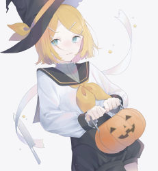 Rule 34 | 1girl, :3, black hat, black sailor collar, black shorts, blonde hair, blue eyes, bow, closed mouth, collared shirt, cowboy shot, dutch angle, halloween, halloween bucket, halloween costume, hat, hat bow, hat ribbon, highres, kagamine rin, knife, long sleeves, looking at viewer, neckerchief, pantyhose, pantyhose under shorts, parted bangs, ribbon, sailor collar, sailor shirt, shirt, short hair, short shorts, shorts, single leg pantyhose, solo, suiri (suiri 02), vocaloid, white background, white shirt, witch hat, yellow bow, yellow neckerchief, yellow ribbon