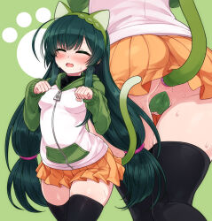 Rule 34 | 1girl, anal, anal object insertion, anal tail, animal ears, ass, black thighhighs, butt plug, cameltoe, cat ears, cat tail, cleft of venus, fake animal ears, fake tail, green hair, highres, hood, hooded jacket, jacket, long hair, long sleeves, maebari, miniskirt, null (nyanpyoun), object insertion, orange skirt, paw pose, pleated skirt, sex toy, skindentation, skirt, solo, tail, thighhighs, touhoku zunko, voiceroid, zettai ryouiki