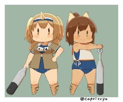 Rule 34 | 10s, 2girls, animal print, boots, brown eyes, brown hair, capriccyo, chibi, club (weapon), hair ornament, hairband, hairclip, horns, i-26 (kancolle), i-401 (kancolle), japanese clothes, kantai collection, light brown hair, long hair, looking at viewer, multiple girls, new school swimsuit, old school swimsuit, one-piece swimsuit, oni horns, ponytail, sailor collar, school swimsuit, short hair, short sleeves, side slit, smile, swimsuit, swimsuit under clothes, tan, tiger print, twitter username, two-tone hairband, weapon