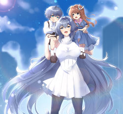 Rule 34 | 1boy, 2girls, absurdres, ahoge, avaloki, azur lane, black footwear, blue dress, blue eyes, blue hair, brown hair, commentary, commission, dress, fang, hair between eyes, hair ornament, highres, jewelry, long hair, mother and daughter, mother and son, multiple girls, new jersey (azur lane), open mouth, pantyhose, ring, second-party source, short hair, sidelocks, socks, teeth, upper teeth only, very long hair, wedding ring, white dress