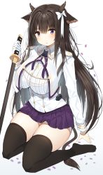 Rule 34 | 1girl, animal ears, azur lane, black pantyhose, blunt bangs, blush, breasts, brown hair, buttons, collared jacket, commentary, cow ears, cow horns, cow tail, cropped jacket, epaulettes, full body, gloves, hair between eyes, hair ribbon, highres, holding, holding sword, holding weapon, horns, huge breasts, jacket, kashino (azur lane), katana, long hair, long sleeves, looking at viewer, miamuly, miniskirt, neck ribbon, no shoes, pantyhose, parted lips, petals, pleated skirt, purple eyes, purple ribbon, purple skirt, ribbon, sheath, sheathed, shirt, sidelocks, simple background, single glove, sitting, skindentation, skirt, solo, sword, tail, thighhighs, wariza, weapon, white background, white gloves, white jacket, white ribbon, white shirt, zettai ryouiki