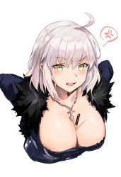 Rule 34 | 1girl, absurdres, ahoge, between breasts, bkko, breasts, cleavage, coat, fate/grand order, fate (series), food, from above, fur-trimmed coat, fur-trimmed jacket, fur collar, fur trim, highres, jacket, jeanne d&#039;arc (fate), jeanne d&#039;arc alter (avenger) (fate), jeanne d&#039;arc alter (fate), large breasts, looking at viewer, open mouth, pocky, pocky day, short hair, silver hair, yellow eyes