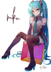 Rule 34 | 1girl, aqua hair, artist name, bare shoulders, between legs, black footwear, black skirt, black sleeves, black thighhighs, blue eyes, blue necktie, boots, character name, closed mouth, commentary, cube, detached sleeves, full body, grey shirt, hair between eyes, hand between legs, hatsune miku, headphones, high heel boots, high heels, highres, lens flare, long hair, long sleeves, miniskirt, necktie, shirt, signature, simple background, sitting, skirt, sleeves past wrists, smile, solo, takepon1123, thigh boots, thighhighs, twintails, very long hair, vocaloid, white background