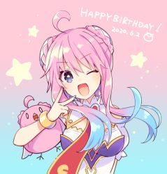 Rule 34 | 1girl, ahoge, blue hair, blush, bracelet, breasts, compile heart, dated, happy birthday, ileheart, jewelry, looking at viewer, multicolored hair, one eye closed, open mouth, pink hair, purple eyes, sidelocks, small breasts, smile, solo, star-shaped pupils, star (symbol), symbol-shaped pupils, tsunako, twintails, two-tone hair, v, virtual youtuber