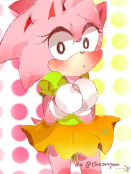 Rule 34 | 1girl, amy rose, animal nose, artist name, black eyes, blush, body fur, bright pupils, commentary, cowboy shot, deviantart username, embarrassed, english commentary, eyeliner, face, furry, furry female, gloves, green shirt, hair between eyes, hairband, hedgehog ears, hedgehog tail, highres, looking at viewer, makeup, miniskirt, nervous, orange skirt, own hands together, pink fur, pink hair, puffy short sleeves, puffy sleeves, red hairband, shirt, short hair, short sleeves, signature, skirt, solo, sonic (series), sonic cd, sonic the hedgehog, sonic the hedgehog (classic), standing, striped, sweat, tail, translucent hair, white gloves, white pupils, yellow background, yioyio