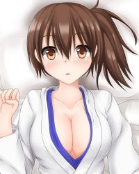 Rule 34 | 10s, 1girl, blush, breasts, brown eyes, brown hair, cleavage, clenched hand, collarbone, gengodou, japanese clothes, kaga (kancolle), kantai collection, large breasts, looking at viewer, open mouth, side ponytail, solo, tapisuke, upper body