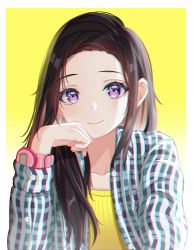 Rule 34 | 1girl, absurdres, blue shirt, bright pupils, brown hair, chromatic aberration, closed mouth, collarbone, collared shirt, commentary, forehead, gradient background, highres, long hair, long sleeves, looking at viewer, original, plaid, plaid shirt, purple eyes, r3d, shirt, smile, solo, unbuttoned, unbuttoned shirt, upper body, watch, wristwatch, yellow background