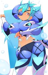 Rule 34 | 1girl, blue hair, breasts, bubble, eyepatch, highres, jellcaps, large breasts, navel, praxis (xenoblade), purple eyes, short hair, solo, water, xenoblade chronicles (series), xenoblade chronicles 2