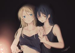 Rule 34 | 2girls, arm grab, ayase eli, black tank top, blonde hair, blue eyes, blue hair, blush, clothes lift, commentary request, grabbing, grabbing from behind, highres, holding another&#039;s wrist, lifting another&#039;s clothes, long hair, love live!, love live! school idol project, multiple girls, shirt lift, sonoda umi, suito, swept bangs, tank top, yellow eyes, yuri