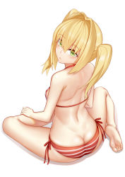 Rule 34 | 1girl, :&lt;, ass, back, bad id, bad pixiv id, bare arms, bare back, bare legs, bare shoulders, barefoot, bikini, blonde hair, blush, breasts, butt crack, closed mouth, fate/grand order, fate (series), from behind, full body, green eyes, hair between eyes, hair intakes, halterneck, highres, long hair, looking at viewer, looking back, medium breasts, nero claudius (fate), nero claudius (fate) (all), nero claudius (swimsuit caster) (fate), red bikini, red ribbon, ribbon, shoulder blades, side-tie bikini bottom, sideboob, simple background, sitting, soles, solo, striped bikini, striped clothes, swimsuit, twintails, white background, yizhirenben
