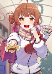 1girl ahoge alternate_costume bag blush breath brown_hair brown_scarf christmas_tree cookie food gakuen_idolmaster hanami_ume highres idolmaster incoming_food jacket kamille_(vcx68) long_sleeves looking_at_viewer outdoors scarf shopping_bag smile solo white_jacket