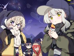 Rule 34 | 4girls, ahoge, black hair, black headwear, black scarf, blonde hair, blue archive, blush, braid, brown jacket, chihiro (blue archive), chihiro (camp) (blue archive), closed eyes, closed mouth, earmuffs, eating, food, glasses, green jacket, hair between eyes, hair ornament, hairclip, halo, hare (blue archive), hare (camp) (blue archive), hat, holding, holding food, izumi kirifu, jacket, kotama (blue archive), kotama (camp) (blue archive), long hair, long sleeves, looking at viewer, maki (blue archive), maki (camp) (blue archive), multiple girls, night, night sky, official alternate costume, open clothes, open jacket, open mouth, outdoors, parted lips, ponytail, purple halo, red hair, red halo, scarf, sky, smile, sweet potato, twin braids, white hair, white headwear, white scarf, x hair ornament, yellow eyes, yellow jacket