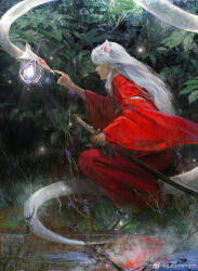 Rule 34 | 1boy, animal ears, chinese commentary, commentary request, crying, detached sleeves, dog ears, dragon, eastern dragon, from side, full body, gao sheng, hair over shoulder, highres, holding, holding sword, holding weapon, inuyasha, inuyasha (character), japanese clothes, kimono, lake, layered sleeves, leaf, long hair, long sleeves, male focus, outdoors, outstretched hand, parted lips, plant, rain, realistic, red kimono, red sleeves, reflection, reflective water, sheath, sheathed, solo, squatting, sword, very long hair, weapon, white hair, wide sleeves