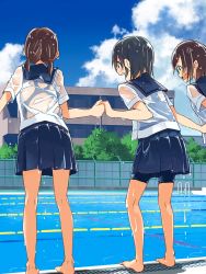 Rule 34 | 3girls, :d, back cutout, bare legs, barefoot, black hair, blue-framed eyewear, blue sailor collar, blue skirt, blue sky, blush, brown hair, building, clothing cutout, cloud, copyright request, day, dripping, from behind, glasses, highres, holding hands, kusakabe (kusakabeworks), multiple girls, open mouth, pleated skirt, pool, pool ladder, poolside, round teeth, sailor collar, school, see-through, shiny skin, shirt, short hair, short sleeves, short twintails, skirt, sky, smile, standing, swimsuit, swimsuit under clothes, teeth, twintails, water, water drop, wet, wet clothes, wet shirt, white shirt