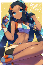 Rule 34 | 1girl, armlet, belly chain, bike shorts, black hair, blue eyes, blue eyeshadow, blue hair, breasts, closed mouth, commentary, creatures (company), dark-skinned female, dark skin, dynamax band, earrings, eyeshadow, game freak, gloves, gym leader, hands up, highres, holding, holding poke ball, hoop earrings, jewelry, long hair, looking at viewer, makeup, multicolored hair, navel, necklace, nessa (pokemon), nintendo, nuneno, partially fingerless gloves, poke ball, poke ball (basic), pokemon, pokemon swsh, sandals, shiny skin, sidelocks, single glove, solo, two-tone hair, white footwear