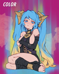 1girl bare_shoulders blue_eyes blue_hair blush breasts briar_(league_of_legends) briar_(league_of_legends)_(cosplay) cosplay embarrassed hair_ornament large_breasts league_of_legends long_hair looking_at_viewer multicolored_background multicolored_hair open_mouth phantom_ix_row sitting solo sona_(league_of_legends) tearing_up twintails