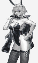 Rule 34 | 1girl, absurdres, ahoge, animal ears, bow, bowtie, breasts, colored skin, commentary, cowboy shot, detached collar, detached sleeves, english commentary, fate/grand order, fate (series), grey background, grey hair, grey skin, greyscale, hair between eyes, highres, holding, holding clothes, holding jacket, jacket, jeanne d&#039;arc alter (fate), leotard, looking at viewer, medium breasts, monochrome, playboy bunny, rabbit ears, rabbit tail, rhine (overtonerhine), short hair, simple background, solo, strapless, strapless leotard, tail, thighhighs, thighs, yellow eyes