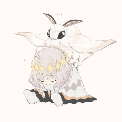 Rule 34 | 1boy, ahoge, asa yaroo, blanca (fate), blush, blush stickers, bug, butterfly wings, cape, capelet, carrying, chibi, cloak, closed eyes, closed mouth, crown, dress, fate/grand order, fate (series), full body, fur-trimmed cloak, fur trim, grey background, grey hair, hair between eyes, hair ornament, insect, insect wings, long hair, moth, oberon (fate), piggyback, simple background, sitting, sleeping, socks, solo, white dress, white socks, wings