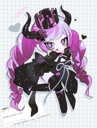 Rule 34 | 1girl, black dress, black flower, black horns, black thighhighs, braid, breasts, btmr game, cleavage, commentary request, crown, dress, floating, flower, full body, grid background, hands on own cheeks, hands on own face, hands up, heart, highres, horns, leaning forward, long hair, looking at viewer, master detective archives: rain code, medium breasts, multicolored hair, pink hair, purple eyes, request inset, ribbon, shinigami (rain code), smile, solo, symbol in eye, thighhighs, tongue, tongue out, twin braids, two-tone hair, very long hair, white ribbon